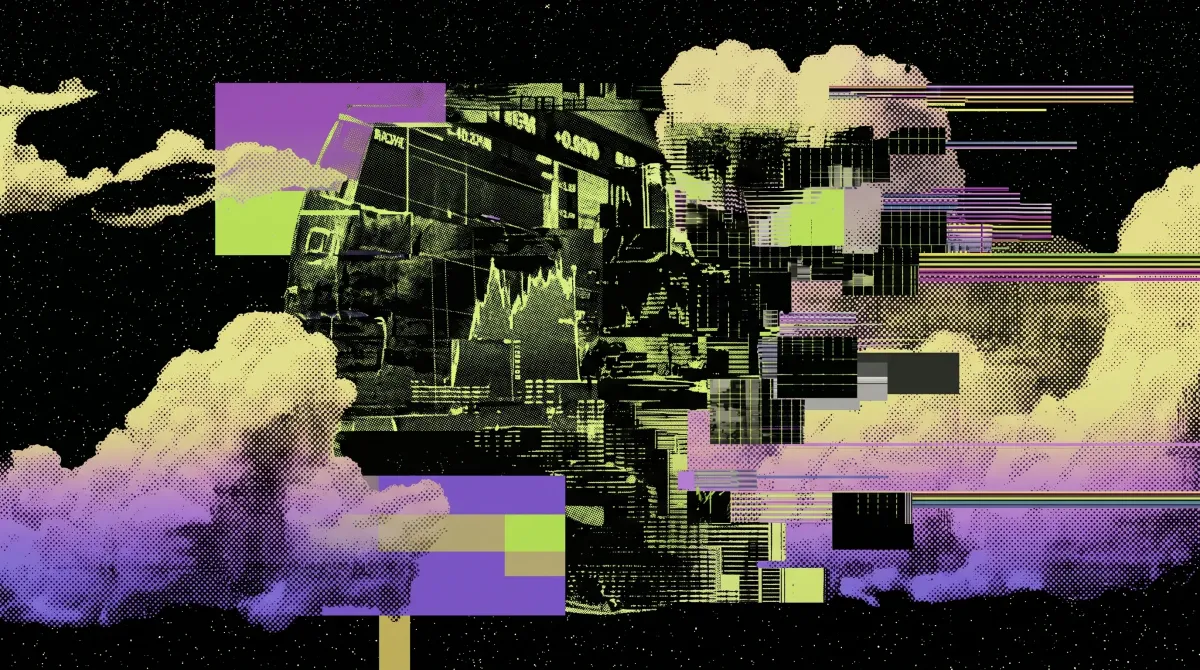Stylised graphic showing a trading screen and market chart breaking into digital fragments, representing Polymarket’s reported fundraising push and the rise of prediction markets.