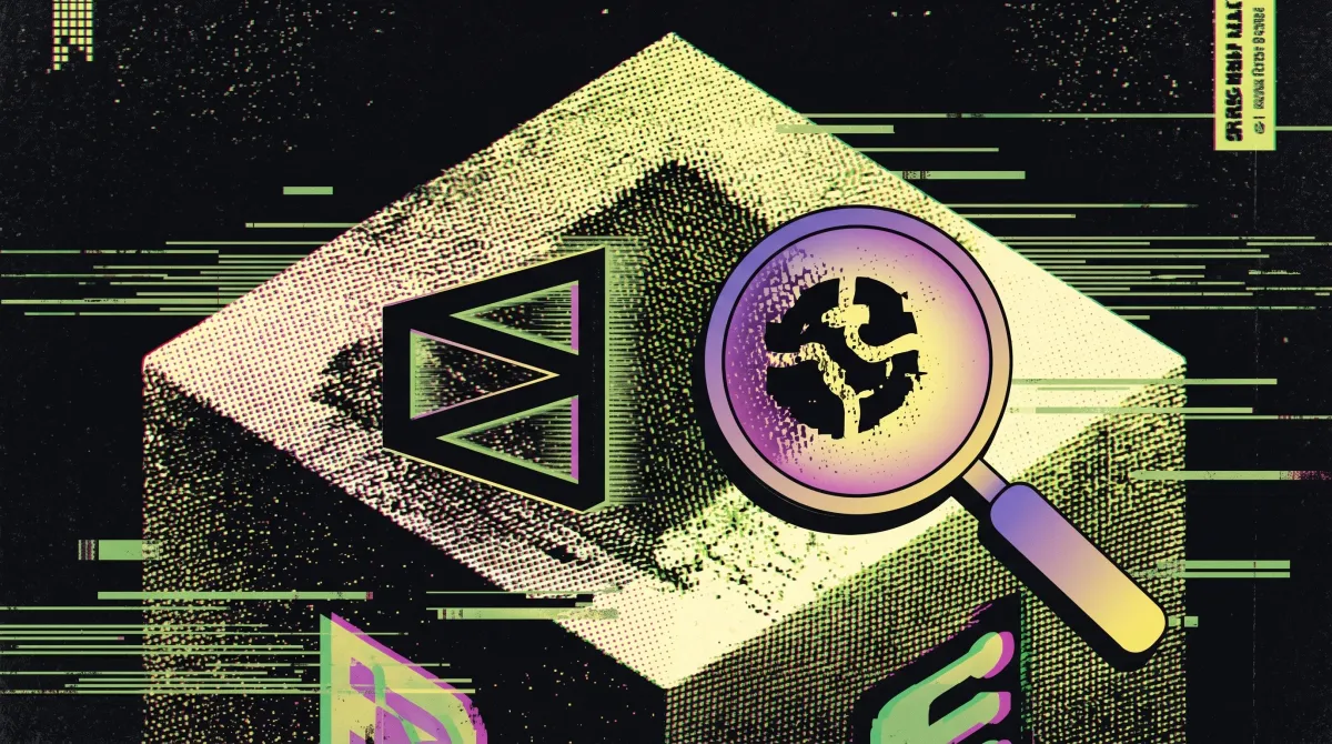 Magnifying glass inspecting a blockchain cube with Polymarket-style symbols, representing Chainalysis monitoring prediction markets for insider trading.