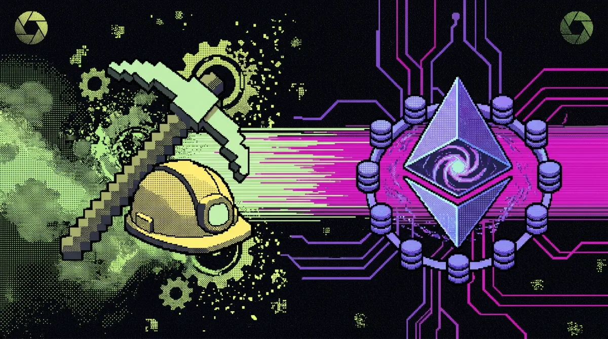 Pixel-art graphic showing a pickaxe and mining helmet on one side and the Ethereum logo surrounded by validator nodes on the other.