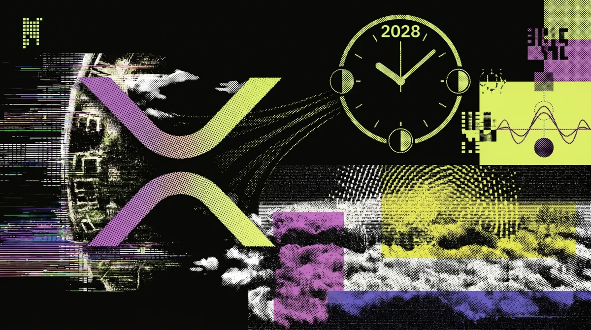 Stylised graphic showing the XRP logo beside a clock marked 2028 and wave-like data graphics, representing Ripple’s plan to make the XRP Ledger quantum-safe by 2028.