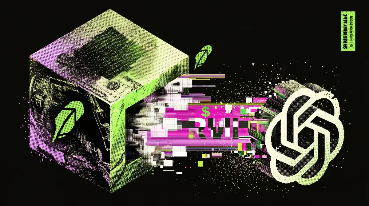 Stylised graphic showing a dollar bill folding into a cube with Robinhood logos, bursting toward the OpenAI logo with pink and green glitch effects on a black background.