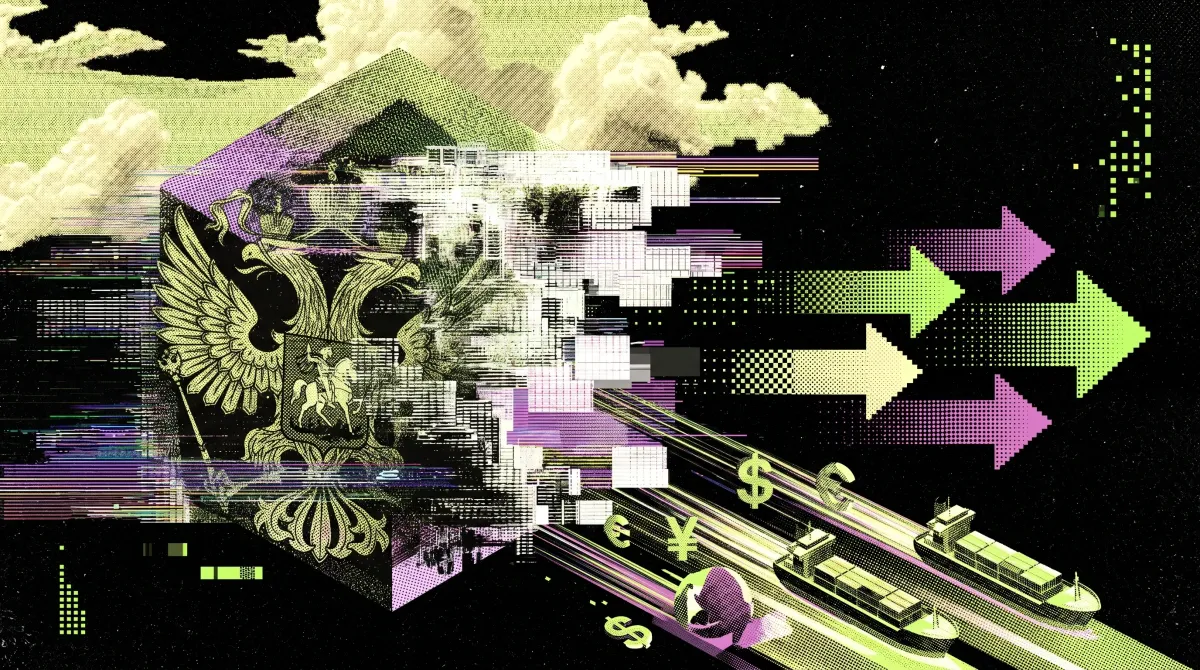 Stylised illustration of Russia’s coat of arms, cargo ships, currency symbols and directional arrows, representing Russia’s push to use crypto in foreign trade settlements.