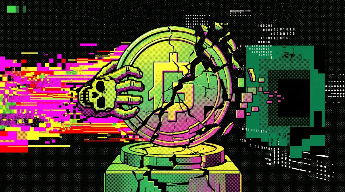 Illustration of a cracked crypto coin on a pedestal with a pixelated skull and glitch effects, representing the $14 million Grinex hack.
