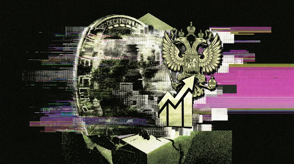 Illustration of a Bitcoin coin and Russian double-headed eagle with an upward chart, representing Russia's move to legalize crypto trading.