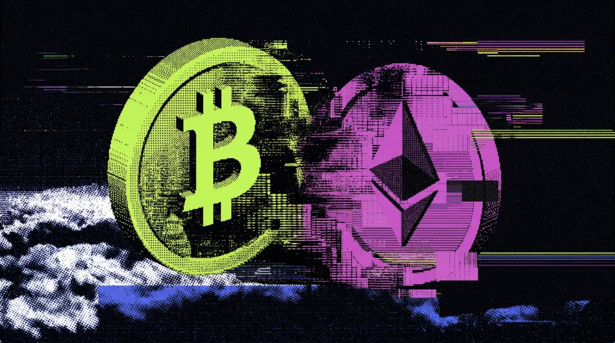 Illustration of Bitcoin and Ethereum coins side by side, representing Schwab adding spot BTC and ETH trading for clients.