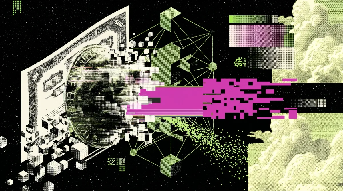 Stylized image of a dollar bill merging into digital blocks and network nodes, representing tokenized shares and traditional equities moving onchain.