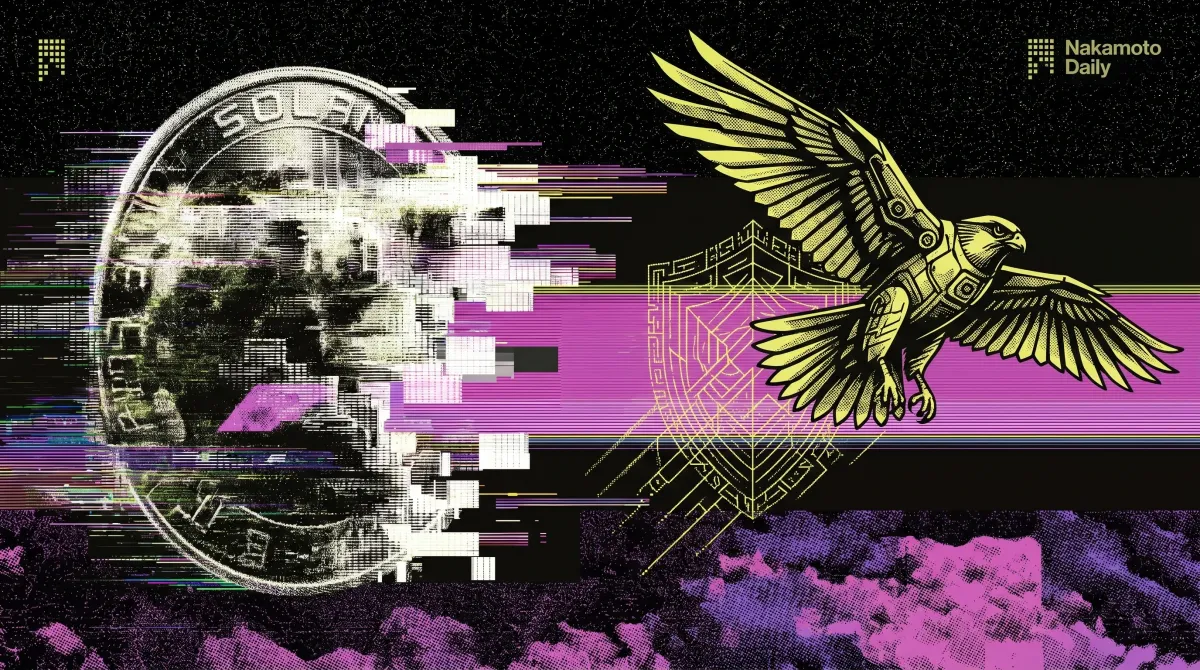 Stylized image of a Solana coin and a falcon in flight with digital glitch effects, symbolizing the network adopting Falcon signatures to defend against quantum computing threats.