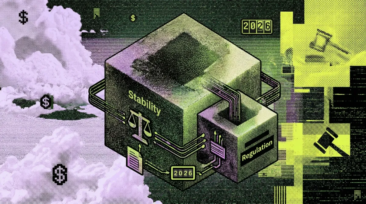 Illustration of a system labelled stability and regulation connected to dollar symbols, representing stablecoin regulation.