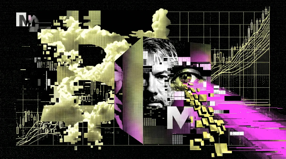 Stylized illustration showing a large Bitcoin symbol, a fragmented portrait of Michael Saylor, and upward trading charts, representing Strategy’s growing Bitcoin holdings.