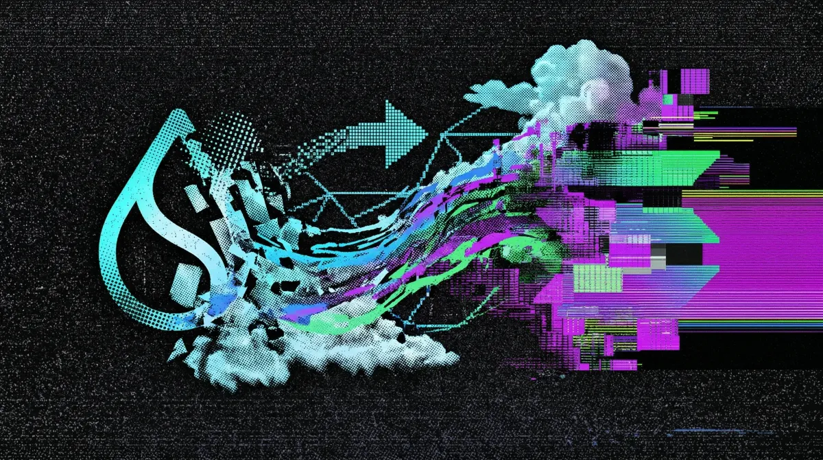 Abstract digital illustration showing the Sui logo transforming into colourful data streams flowing into a blockchain structure, representing cross-chain trading between Sui and Solana.
