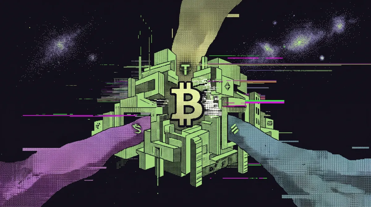 Stylized image of colored streams flowing into a central Bitcoin symbol and industrial structures, representing Tether’s plan to merge firms into a unified Bitcoin-focused company.