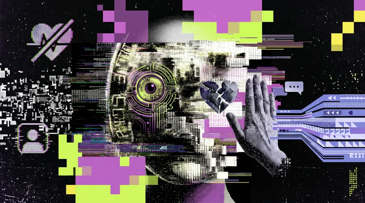 Stylised graphic showing a digital eye, a broken heart, a raised hand and identity icons, representing Tinder and Zoom using World ID eye scans to verify real users and combat AI fakes.