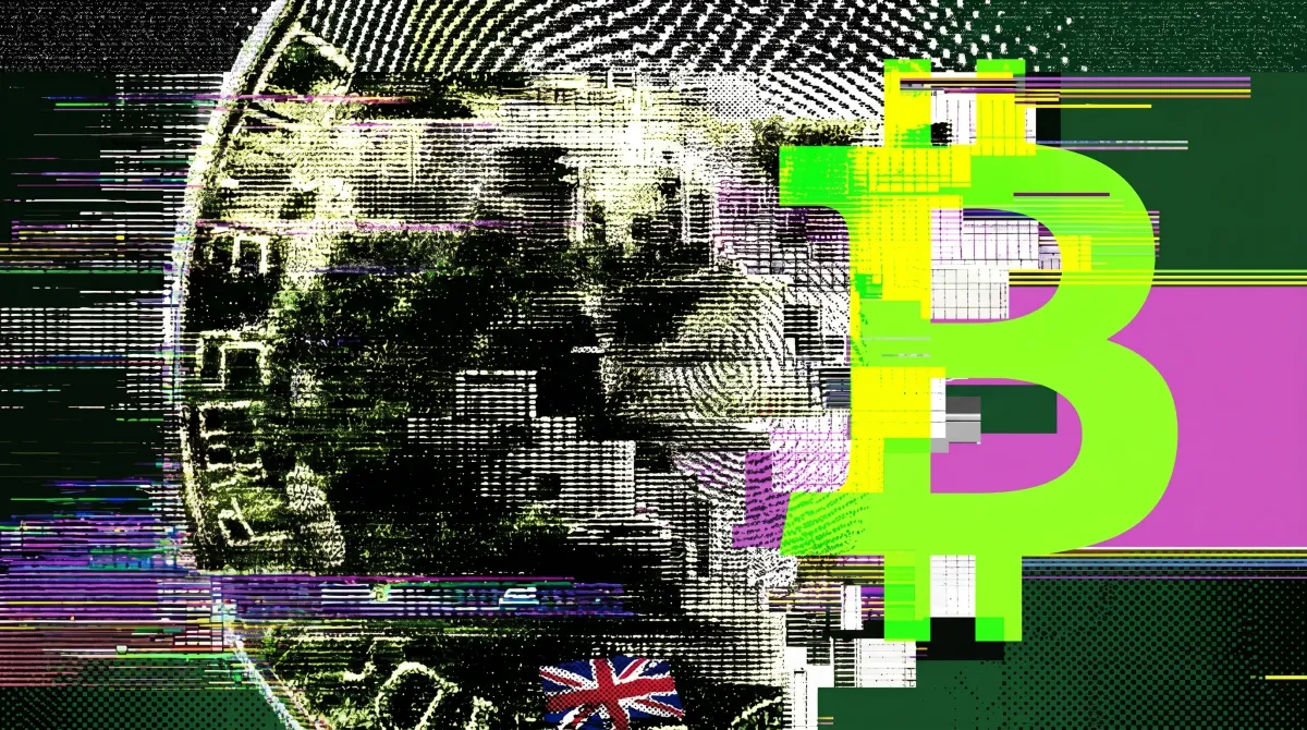 Glitch-art image of a British pound coin overlaid with a green Bitcoin symbol and a Union Jack flag