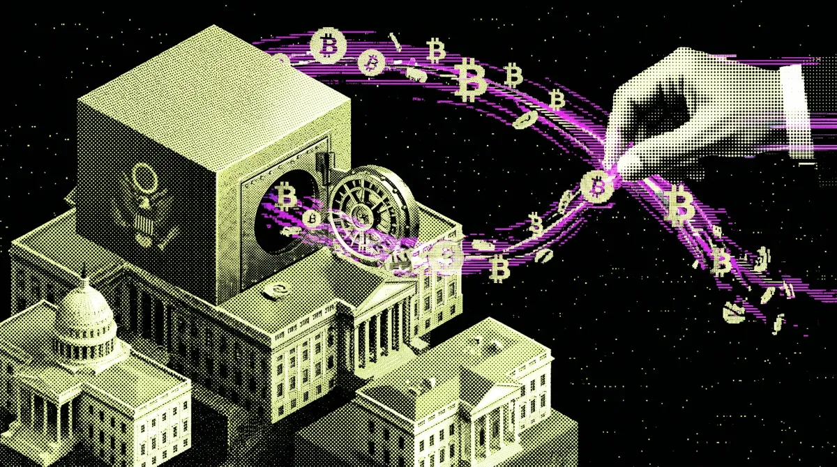 Illustration of government buildings, an open vault and bitcoin symbols flowing toward a hand, representing seized Bitfinex hack bitcoin moving to Coinbase Prime.
