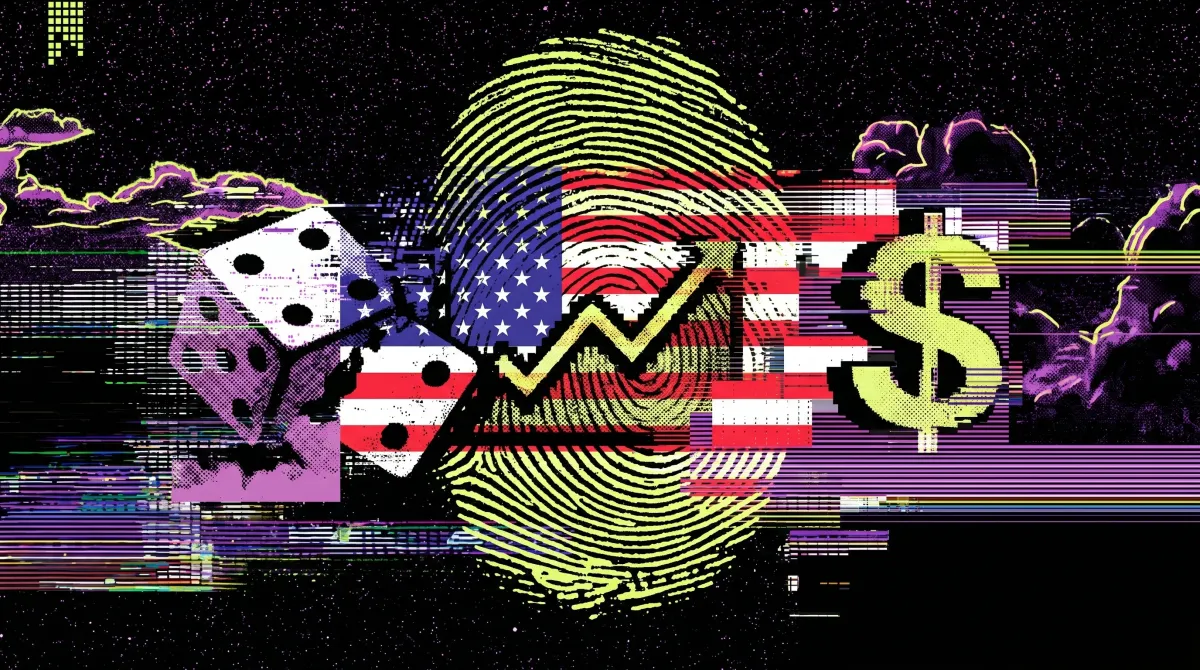 Illustration showing dice, a US flag fingerprint, a rising chart, and a dollar symbol, representing betting markets, insider activity, and financial gains linked to the Polymarket case.