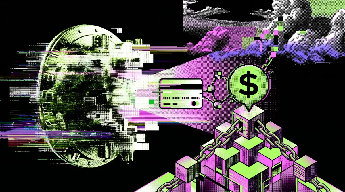 Stylized image of a digital coin, payment card and blockchain blocks linked by chains, representing Visa partnering with WeFi to build onchain banking and payments.