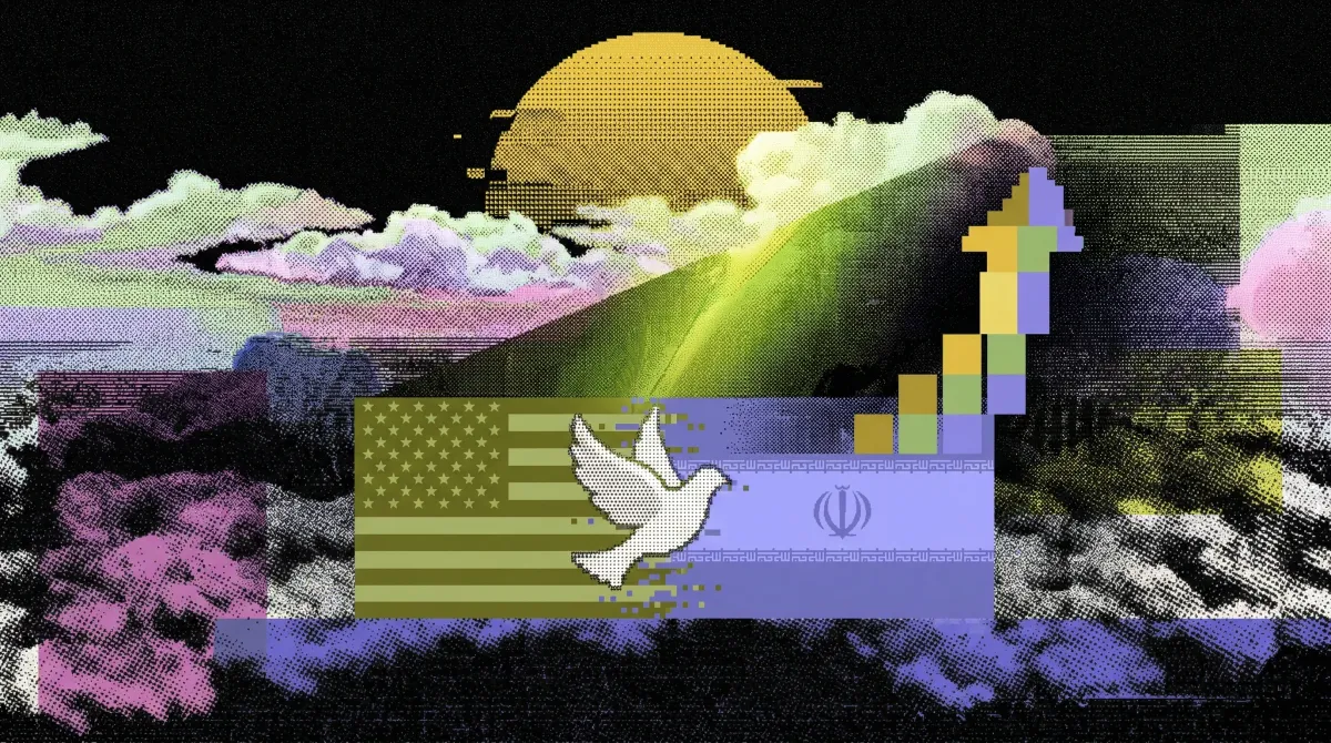 Stylised graphic showing the US and Iran flags merging beneath a white dove and an upward price arrow, representing Bitcoin’s rise after a ceasefire announcement.