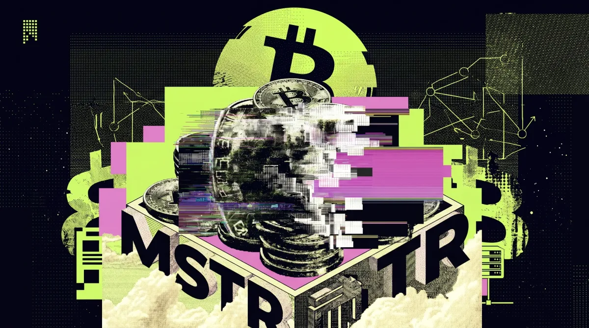 Bitcoin stacked over an MSTR-branded structure, symbolizing Strategy’s transformation into a Bitcoin treasury-focused company.