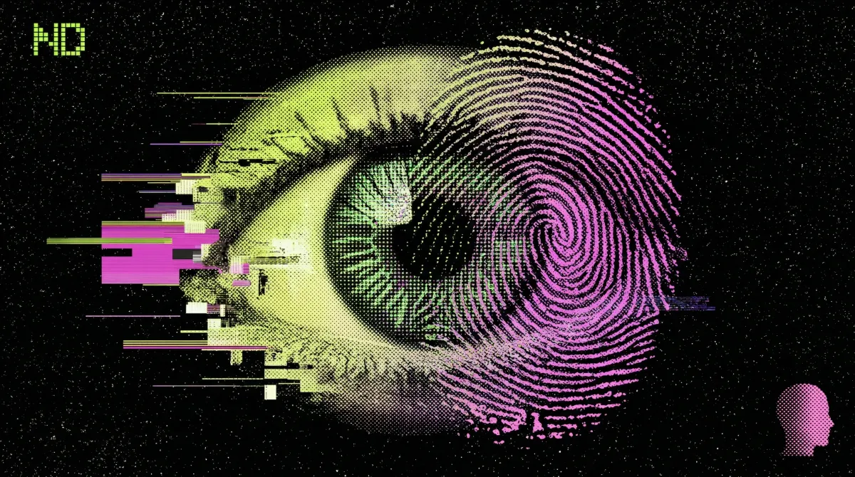 Illustration of a human eye merging with a digital fingerprint, symbolising blockchain-based proof of personhood and identity verification in crypto.