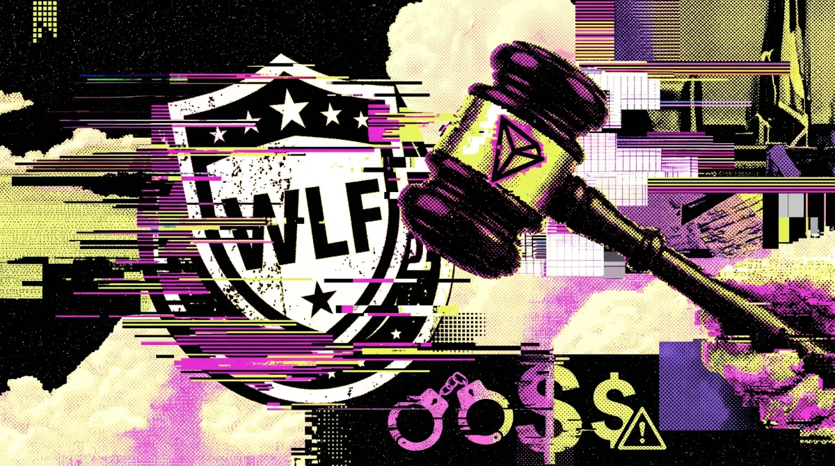 Illustration of a judge’s gavel with an Ethereum logo striking near a WLF shield emblem, with glitch effects and dollar symbols, representing a crypto lawsuit involving seized tokens.