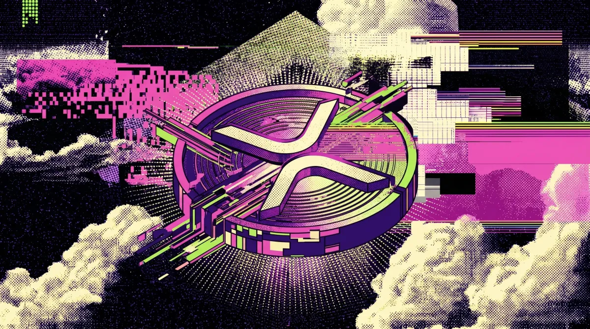 Stylized illustration of the XRP cryptocurrency logo on a digital coin surrounded by glitch effects and clouds, representing XRP’s price rise and growing adoption in payments.