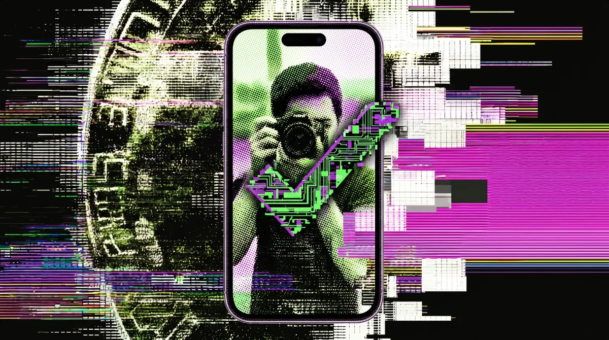 Illustration of a smartphone showing a person taking a photo with a green verification checkmark overlay, symbolizing Zcam’s tool for proving image authenticity.
