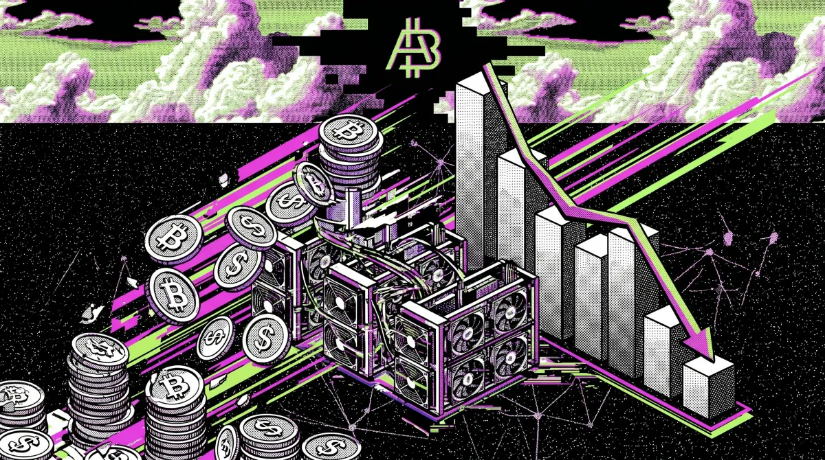 Stylized glitch graphic of Bitcoin mining rigs surrounded by BTC and dollar coins beside a downward-trending bar chart, representing falling mining costs and improved operational efficiency.