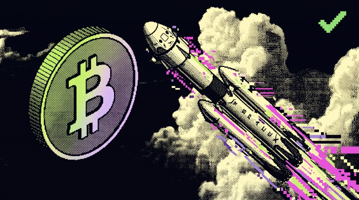 Illustration of a rocket launching beside a Bitcoin symbol, representing Binance’s launch of SpaceX pre-IPO perpetual futures tied to the company’s expected valuation growth.