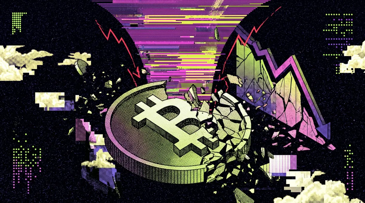 Shattered Bitcoin coin beside falling market charts representing heavy ETF outflows and price pressure.