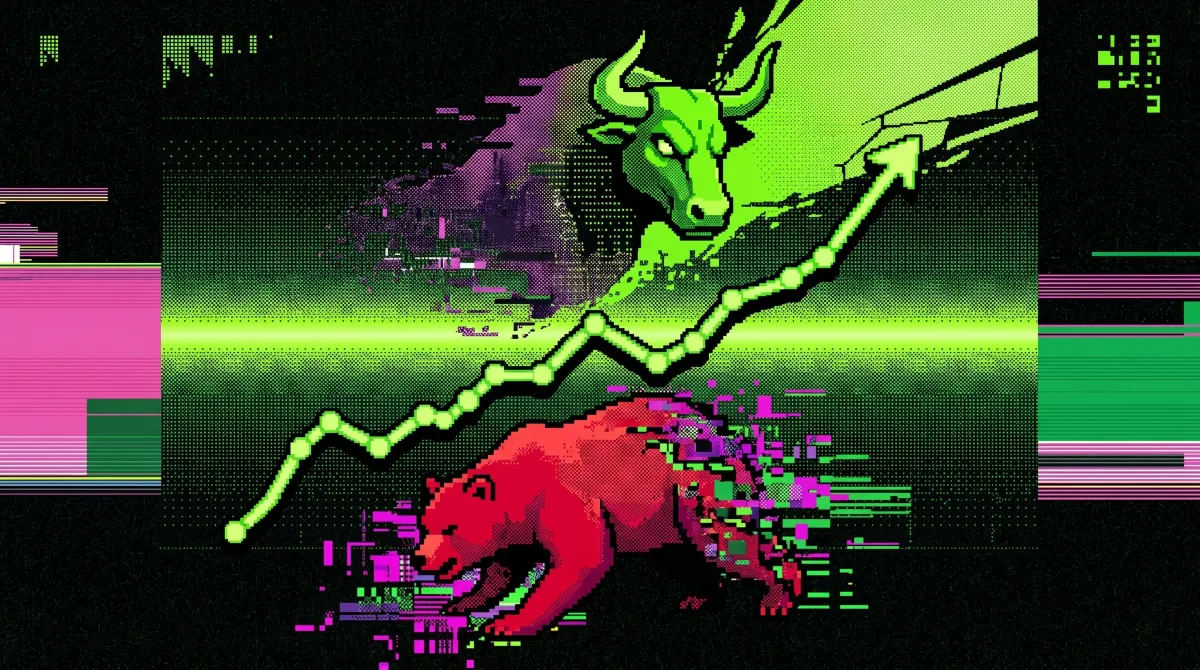 Stylized illustration of a green bull and red bear beneath a rising Bitcoin market chart.