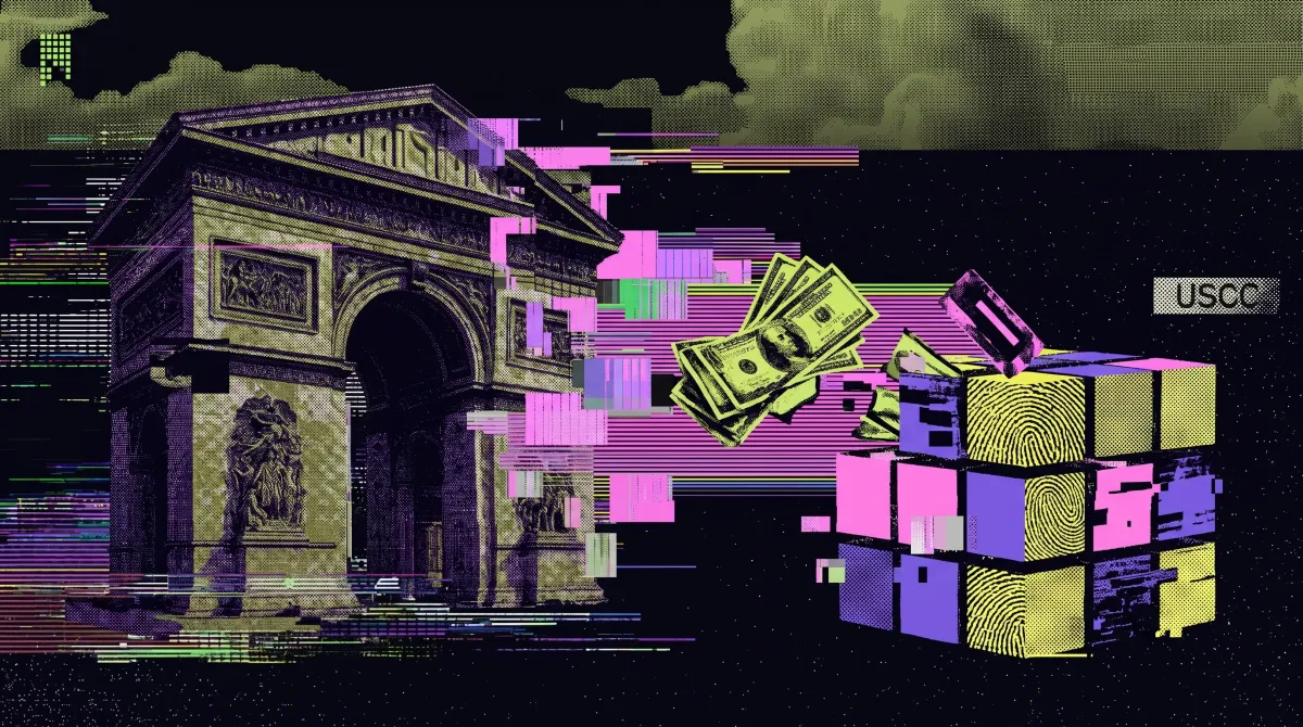 Stylized glitch graphic of a classical financial monument beside floating cash and stacked digital asset cubes labeled USCC, symbolizing Bitwise’s expansion into tokenized real-world assets.