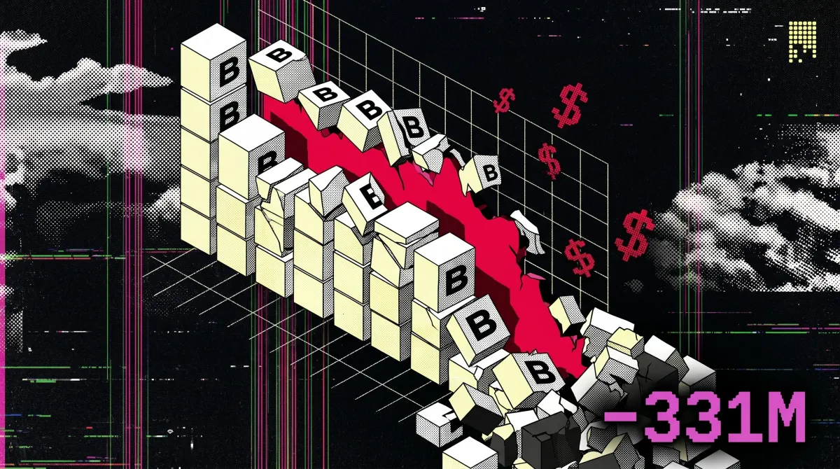 Illustration of collapsing Bitcoin ETF blocks and a red downward trend line representing $331 million in ETF outflows led by BlackRock’s IBIT fund.