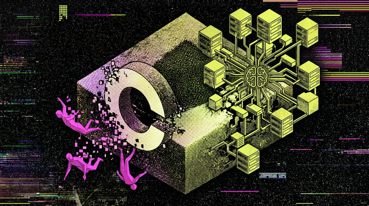 Stylized glitch graphic of falling figures beside a fragmented Coinbase logo and AI-linked server network, symbolizing crypto layoffs and AI-driven restructuring.