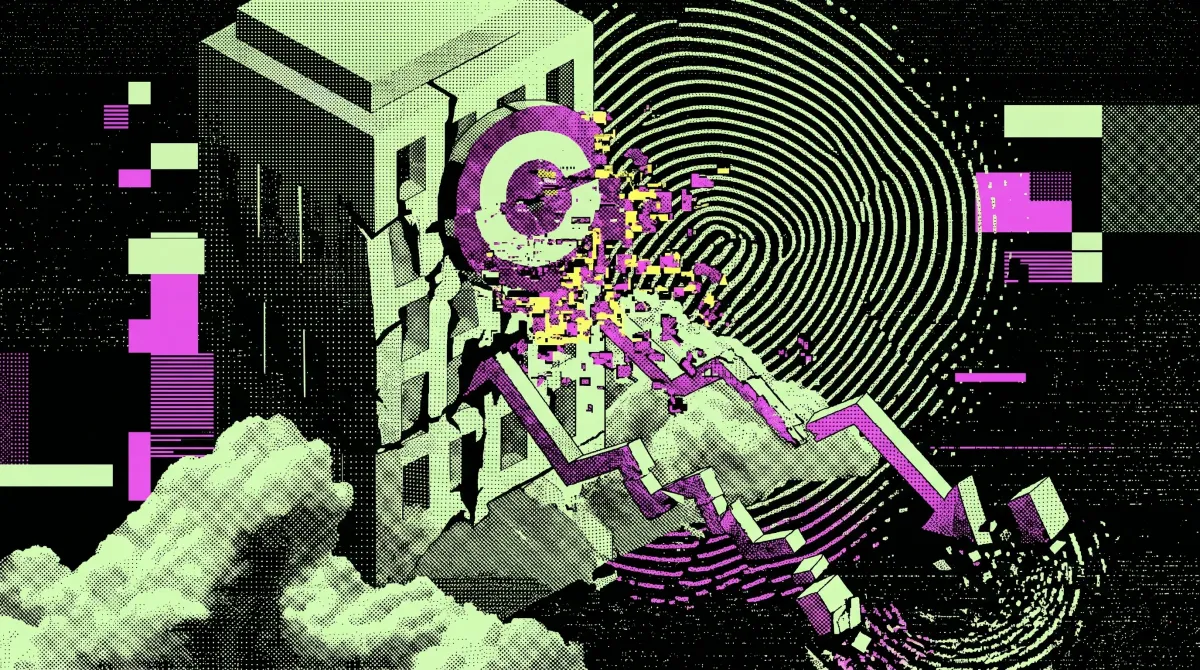 Glitch-style illustration of a fragmented Coinbase logo breaking apart alongside a downward market chart and digital distortion effects, symbolizing declining crypto trading revenue.