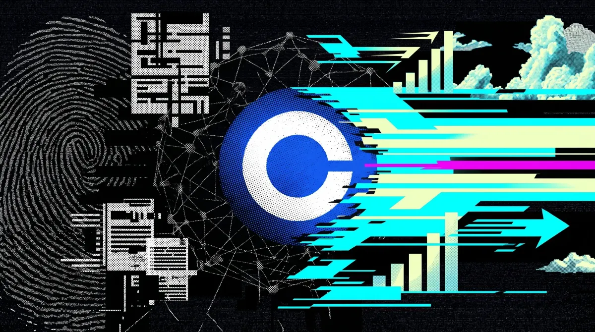 Illustration of the Coinbase logo accelerating past fingerprint and compliance graphics, symbolizing AI-powered identity and account verification systems.