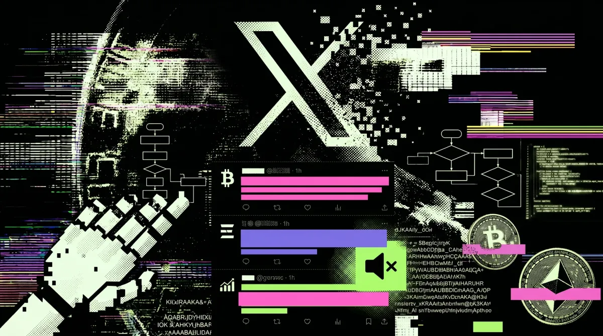 Glitch-style X logo with distorted crypto posts, charts, and coins, symbolizing AI spam and muted crypto content on social media.