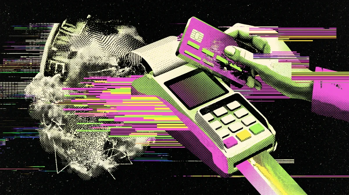 Glitch-style artwork showing a hand tapping a crypto card on a payment terminal with neon distortion effects.