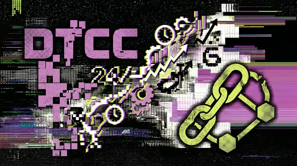 Illustration of DTCC branding, Chainlink symbols and 24/7 collateral graphics connected by blockchain-style chains.