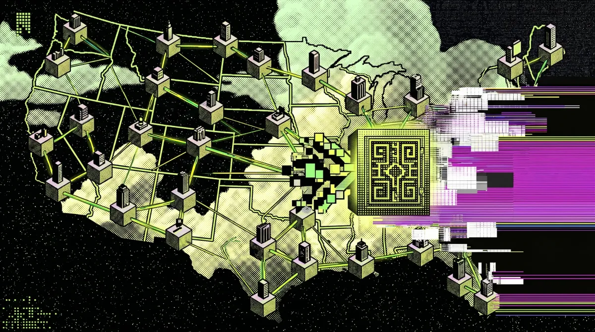 Stylized map of the U.S. connected by blockchain nodes and network lines, with a central chip, representing tokenized capital markets going on-chain.