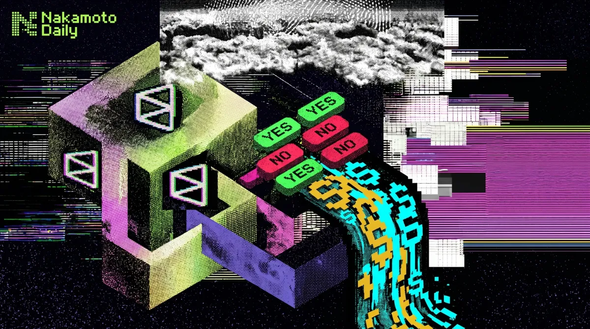 Illustration of Polymarket voting contracts and flowing dollar symbols representing prediction market revenue and trading fees.