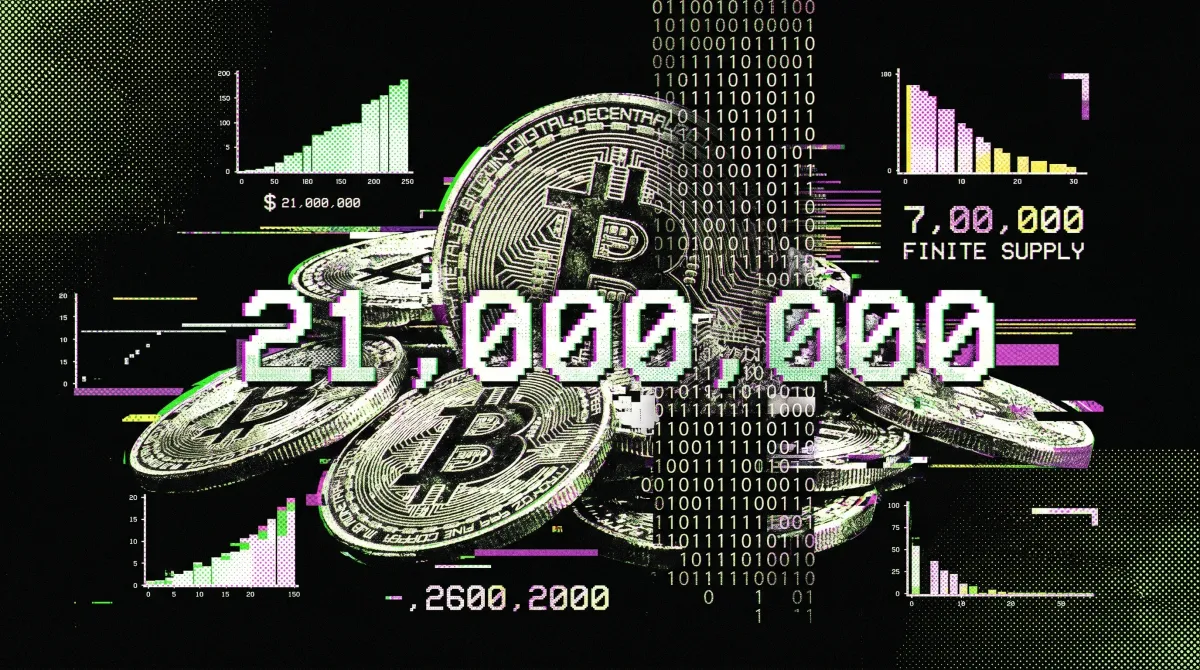 Illustration showing Bitcoin coins, supply charts, and the number 21 million, representing Bitcoin’s fixed maximum supply and mining schedule.