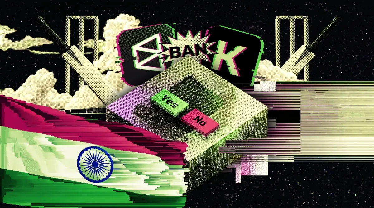 Illustration of India’s flag beside a “BAN” sign and prediction market controls, representing India’s crackdown on Polymarket and scrutiny of Kalshi.