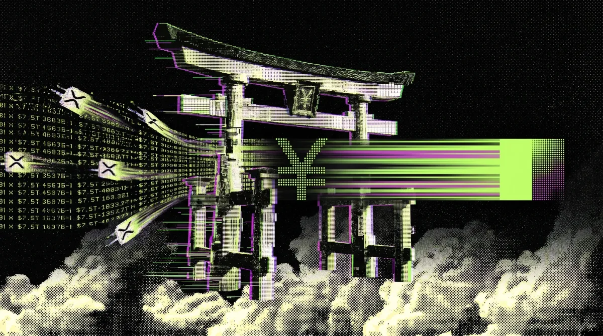 Glitch-style illustration of a Japanese torii gate surrounded by neon yen symbols, tokenized data streams, and blockchain graphics representing Japan’s digital bond market infrastructure.