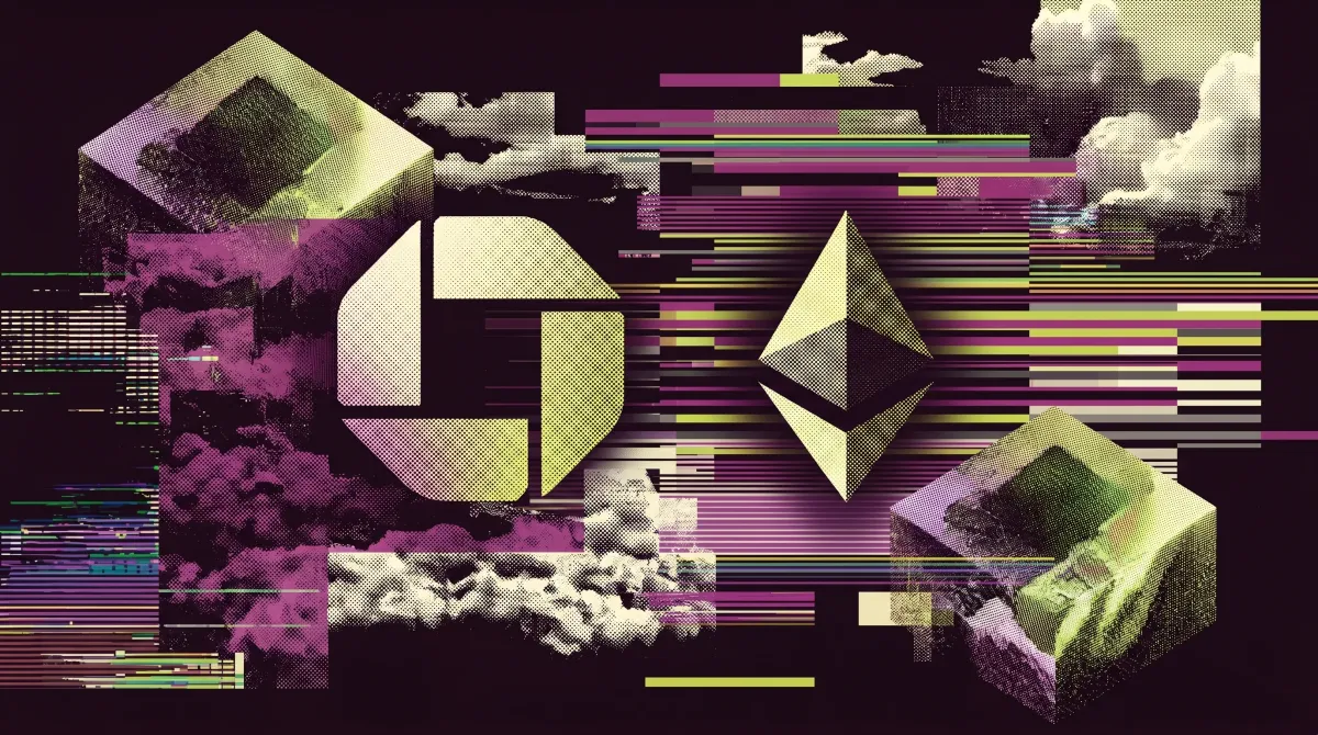 Abstract illustration featuring JPMorgan and Ethereum symbols with digital blocks and glitch-style financial graphics.