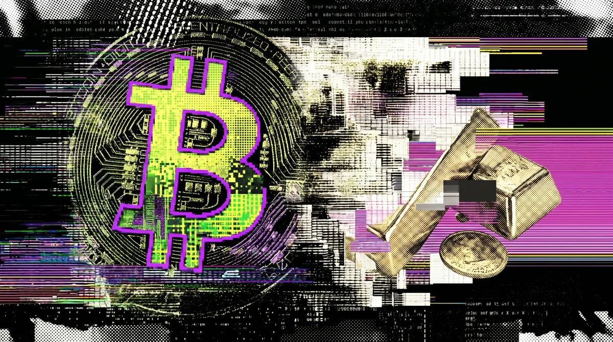Glitch-style illustration of a large neon Bitcoin symbol beside gold bars and a gold coin, with digital distortion effects representing the Bitcoin-versus-gold debasement trade.