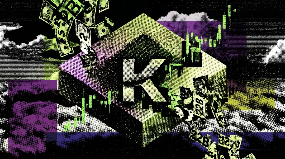 Stylized illustration of the Kalshi logo with market charts and falling dollar bills representing its $22 billion valuation surge.