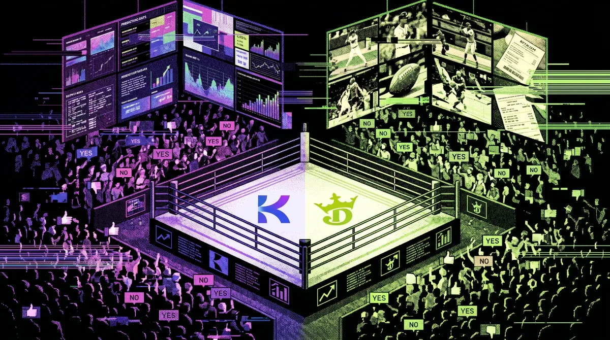 Crowded arena illustration showing Kalshi and DraftKings logos inside a boxing ring surrounded by betting and prediction market screens.