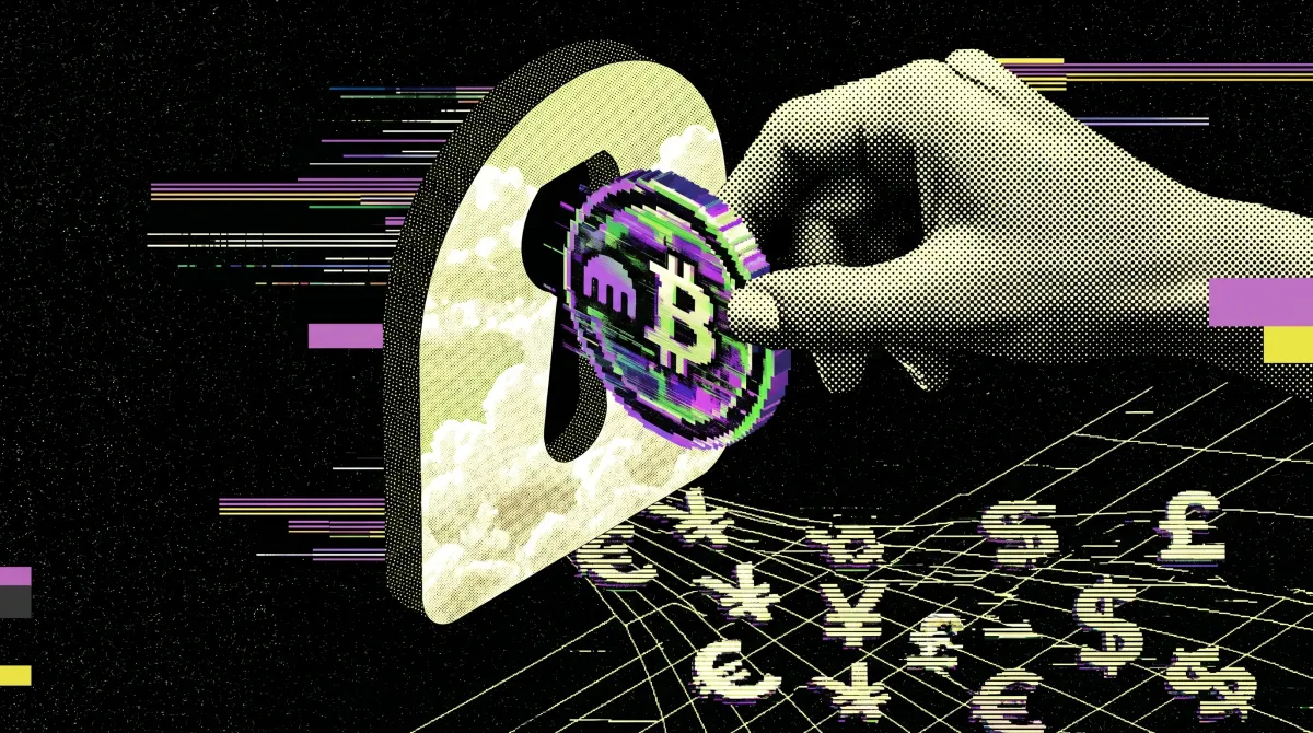 Hand inserting a Bitcoin coin into a location pin, with global currency symbols below, representing crypto-to-cash withdrawals worldwide.