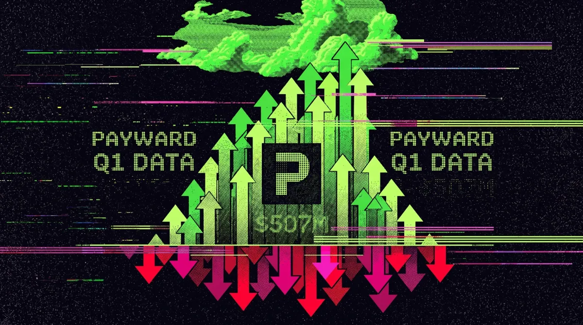 Illustration showing Payward Q1 revenue data with rising and falling arrows around a central dashboard.