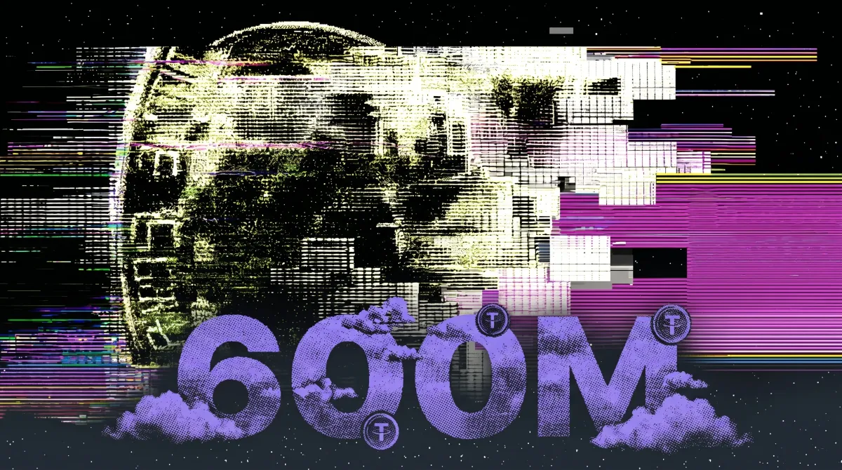 Stylized glitch graphic featuring a large “600M” typography with stablecoin symbols, representing Payward’s $600 million acquisition to expand crypto payments in Asia.